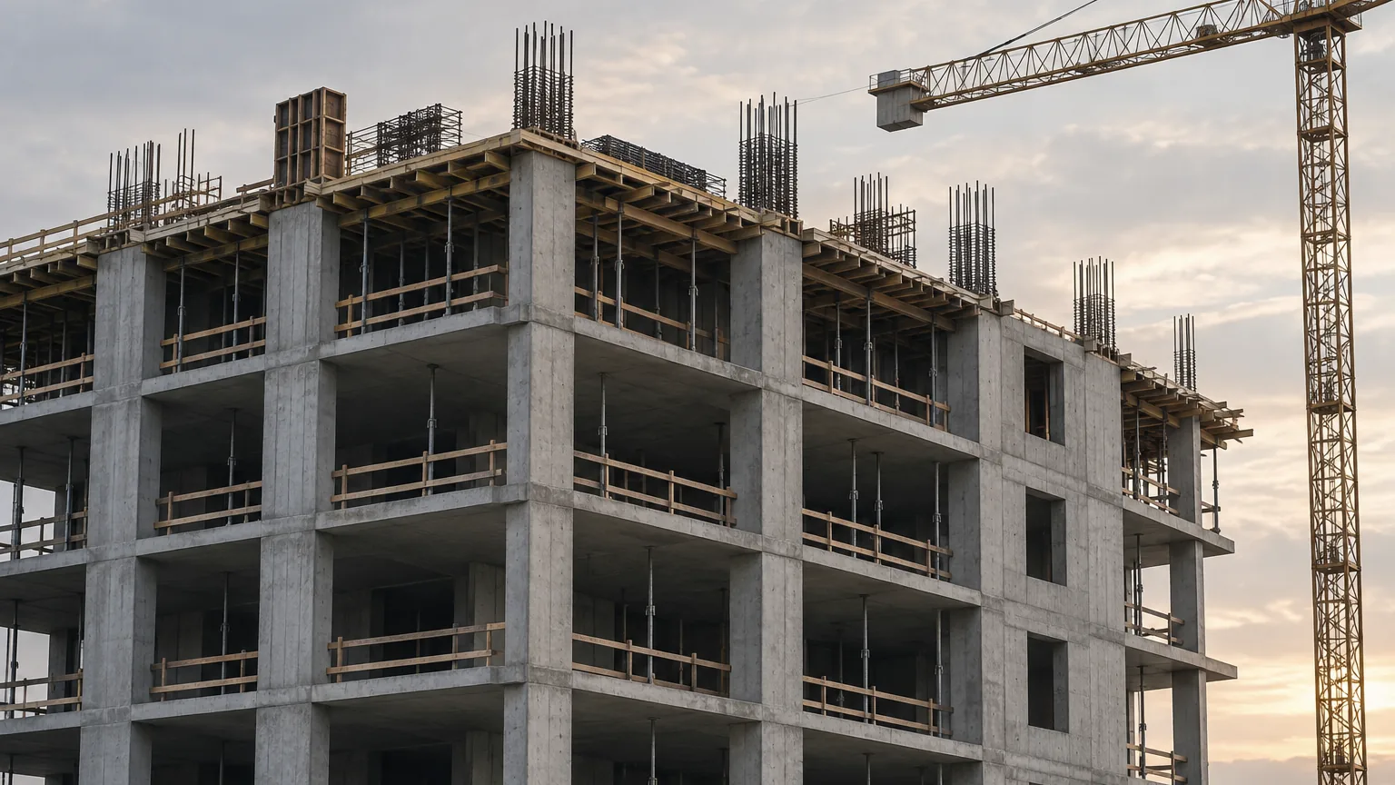 Reinforced-concrete frame of a mid-rise building under construction, with formwork, rebar and a tower crane
