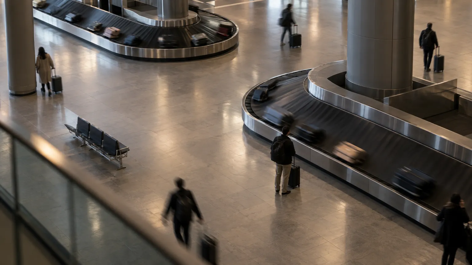 Illustration of an airport arrivals hall seen from above, luggage carousels moving with few travellers, long-exposure blur