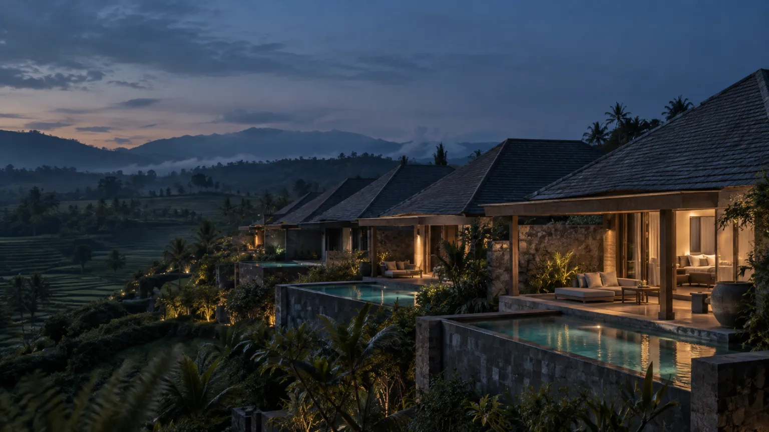 Illustration of a row of private pool villas at blue hour, some lit and some dark, terraced fields beyond