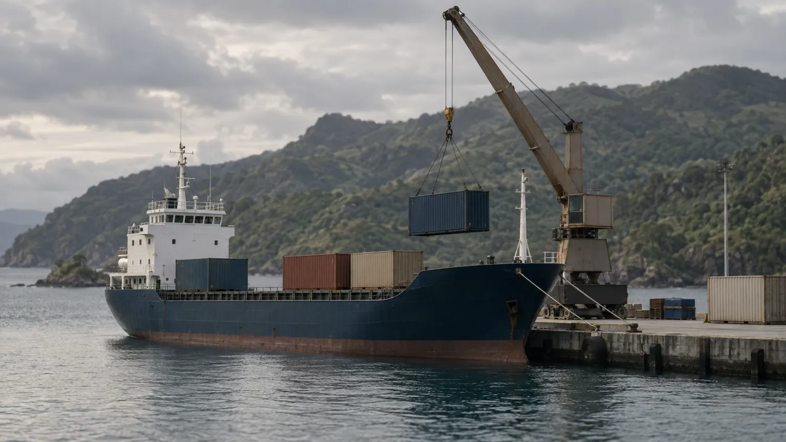 Illustration of a small cargo ship at a modest island port with a few containers and a crane, green hills, overcast