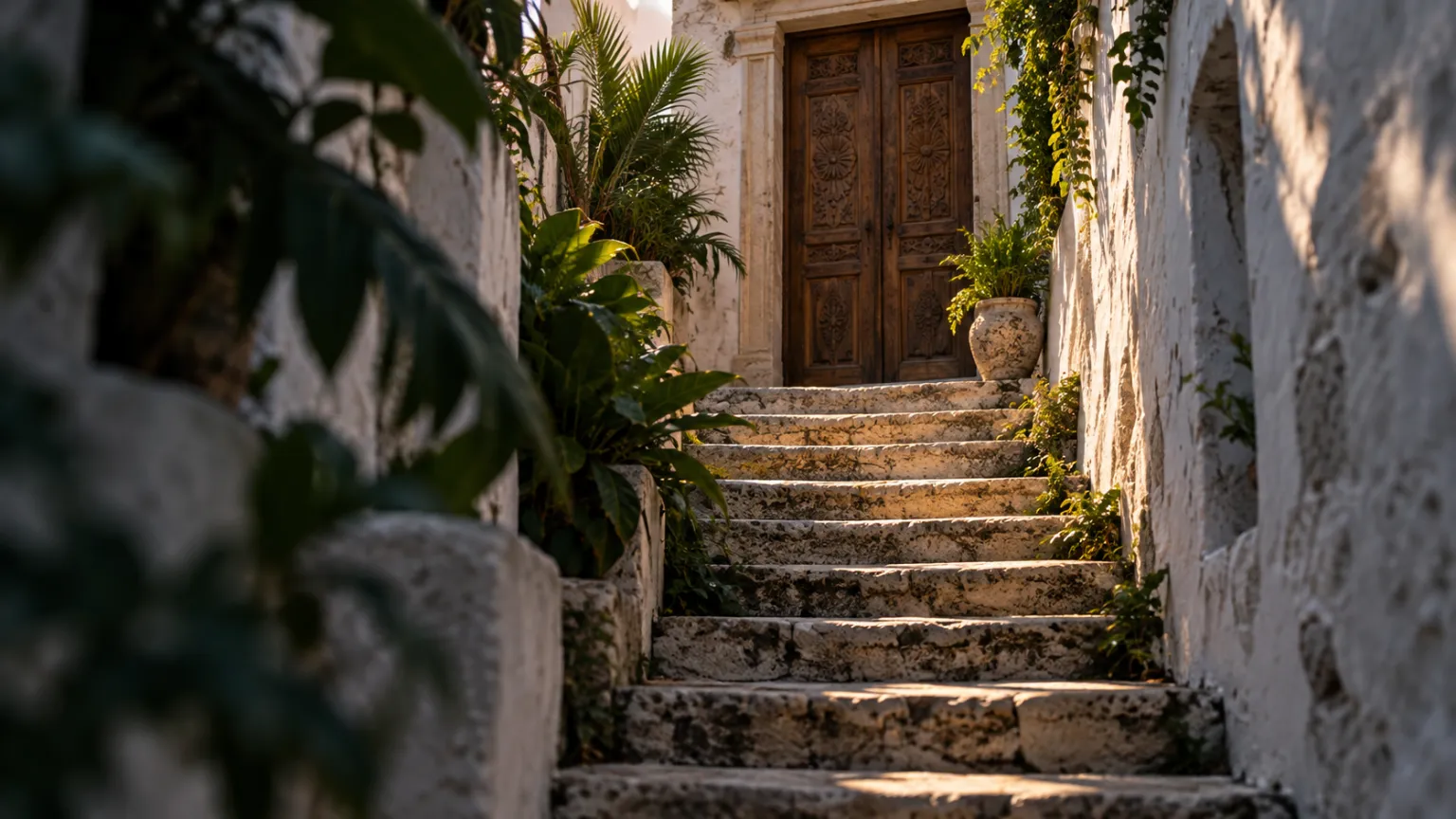 Illustration of a narrow flight of worn coral-stone steps climbing between whitewashed walls to a carved double wooden door, warm sunlight falling across the treads