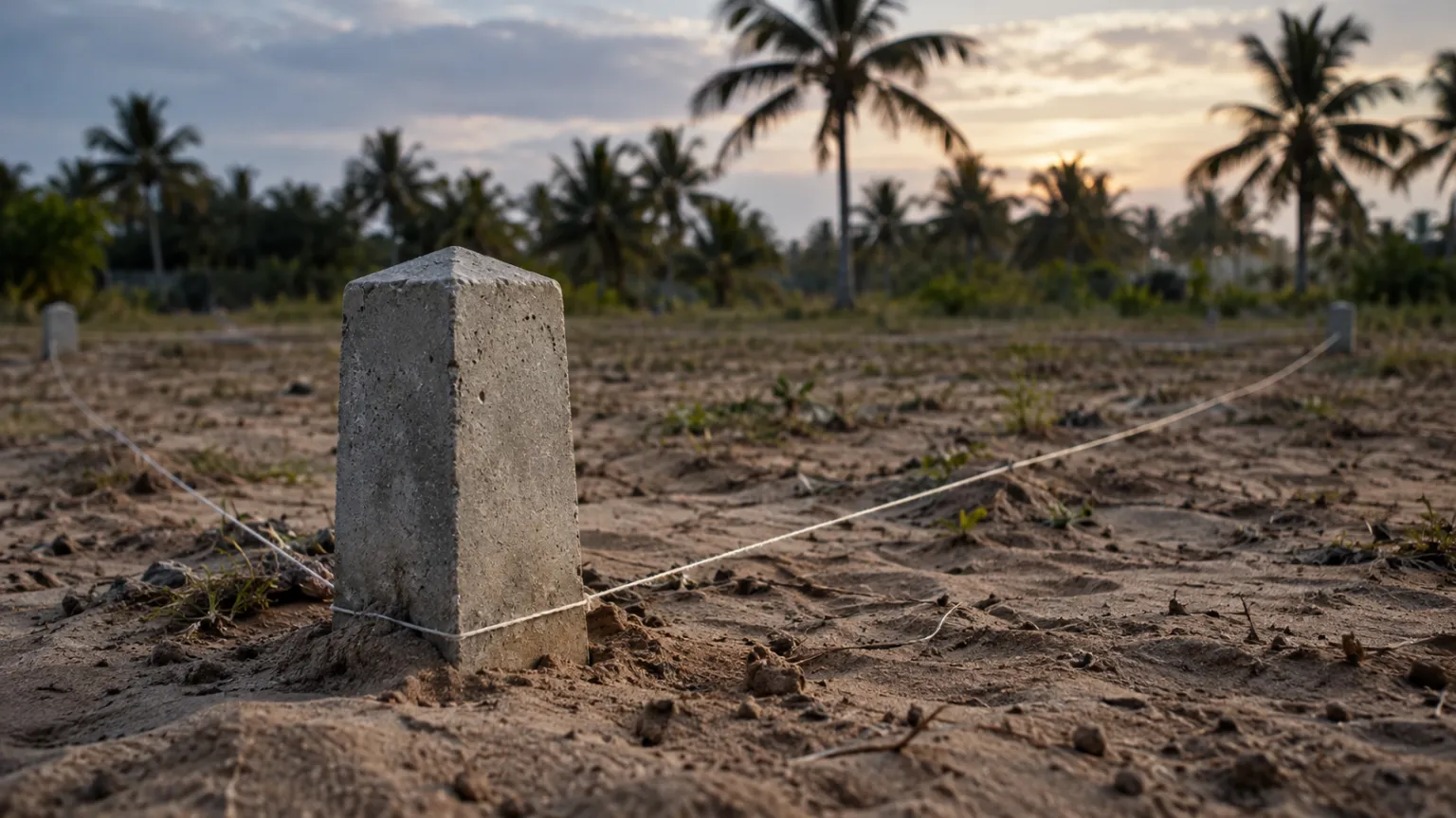 Illustration of a concrete survey boundary beacon in sandy soil with palms, a plot outline traced in string