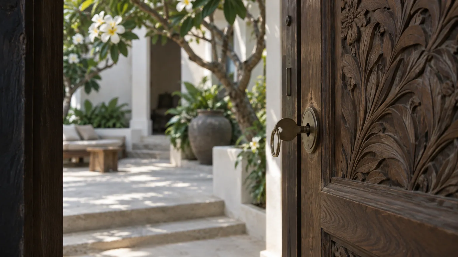Illustration of a carved wooden villa door ajar on a whitewashed tropical courtyard with frangipani, a key in the lock
