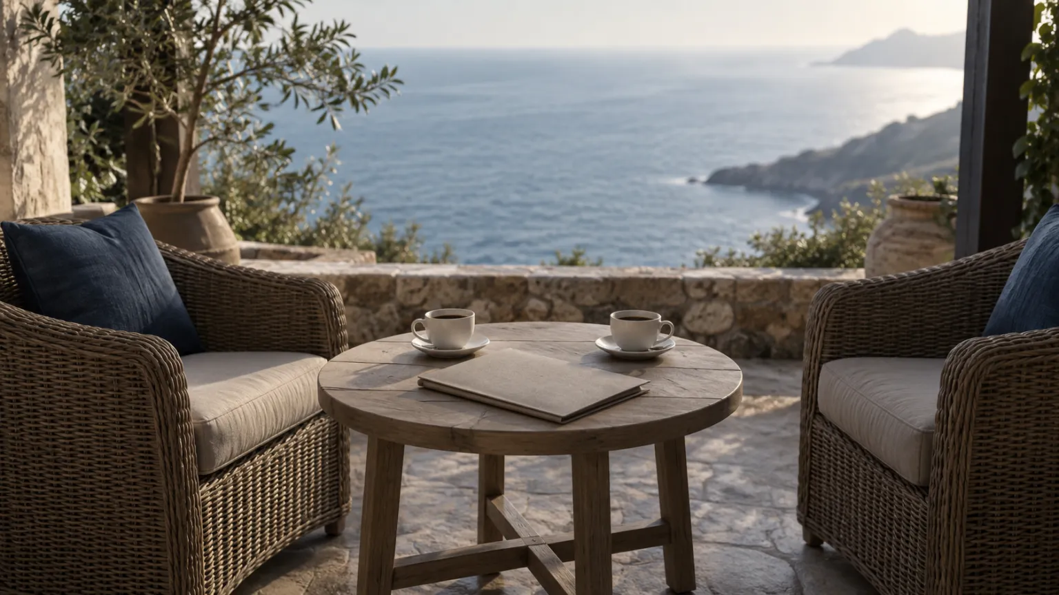 Illustration of two empty wicker armchairs facing each other across a small table on a shaded terrace above the sea, two cups of coffee and a closed folder between them
