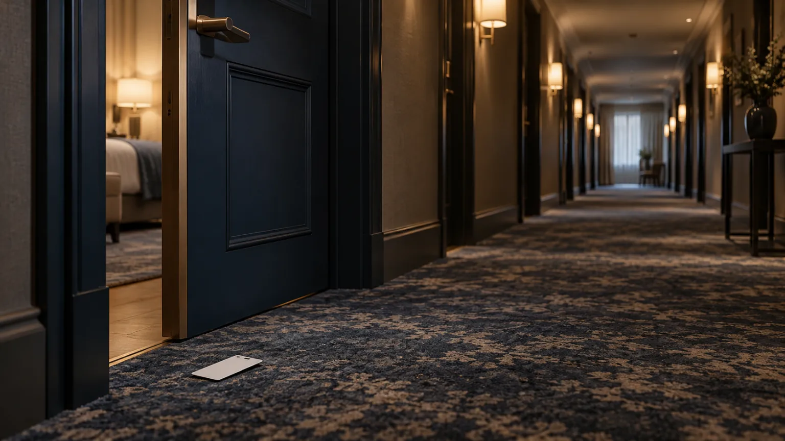 Illustration of a single hotel room door ajar on a long quiet corridor, a blank key card on the carpet, warm wall sconces