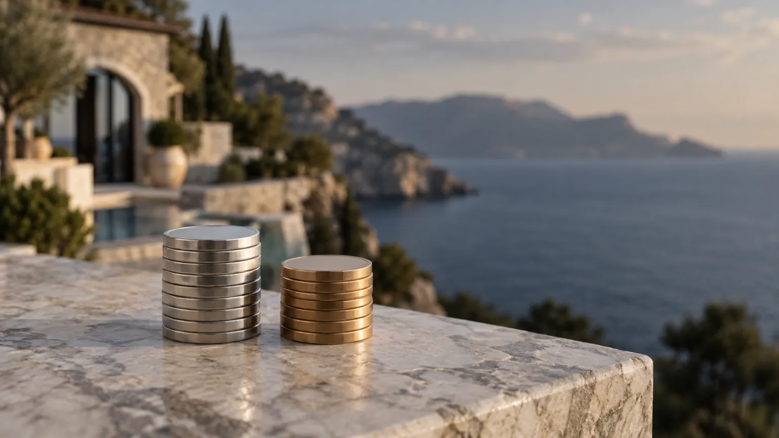 رسم توضيحي لكومتين من العملات المعدنية الخالية من النقوش ومن معدنين مختلفين على حافة رخامية، وخلفهما فيلا ساحلية ضبابية