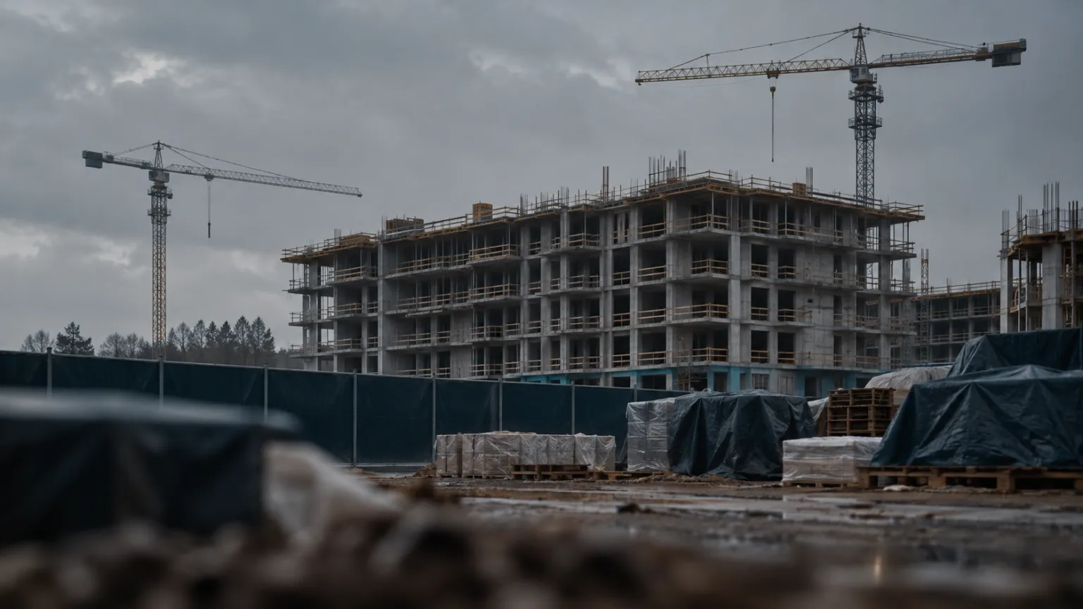 Illustration of an unfinished residential block with idle cranes and tarpaulin-covered materials under a grey northern sky, site fence around it