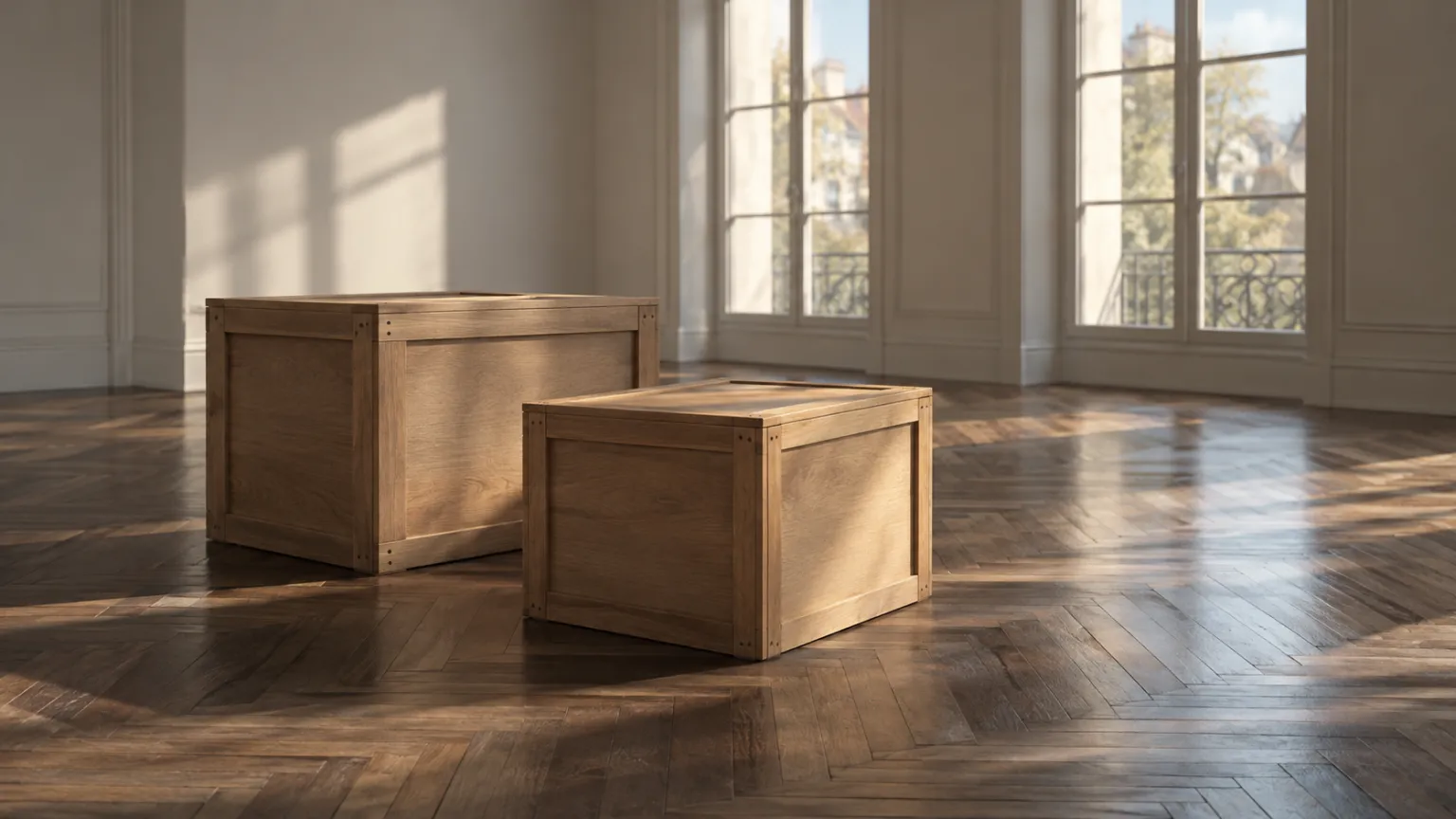 Illustration of two closed moving crates in an empty sunlit apartment with herringbone parquet and tall windows