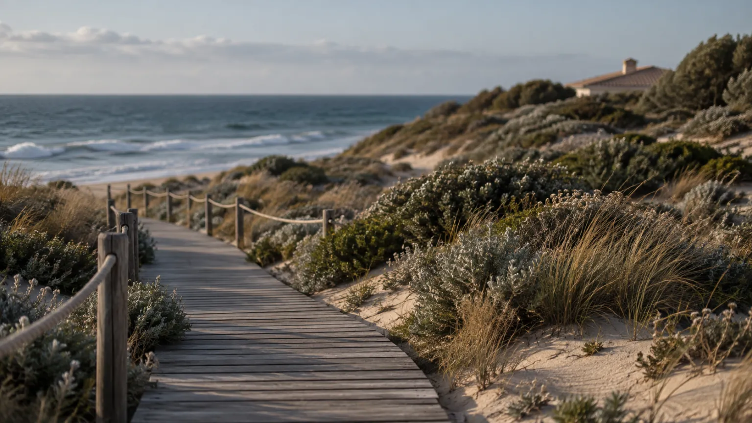 Illustration of a protected coastal dune with a timber boardwalk and low fence, untouched vegetation, one villa roof far behind