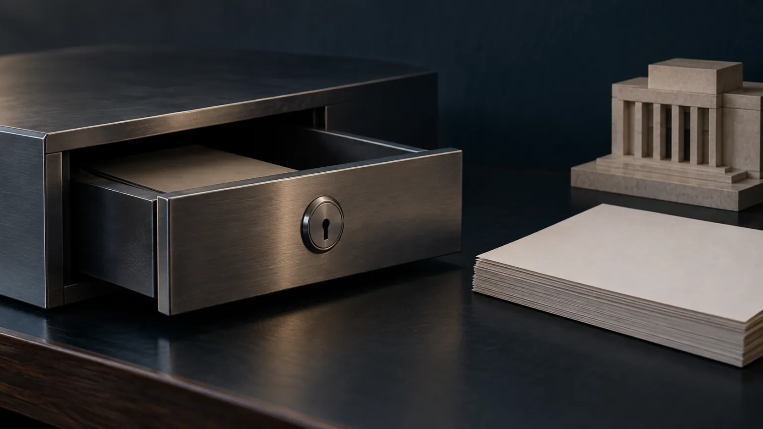 Illustration of a steel safe-deposit drawer slightly open on a dark desk beside a stack of blank sheets and a small building model