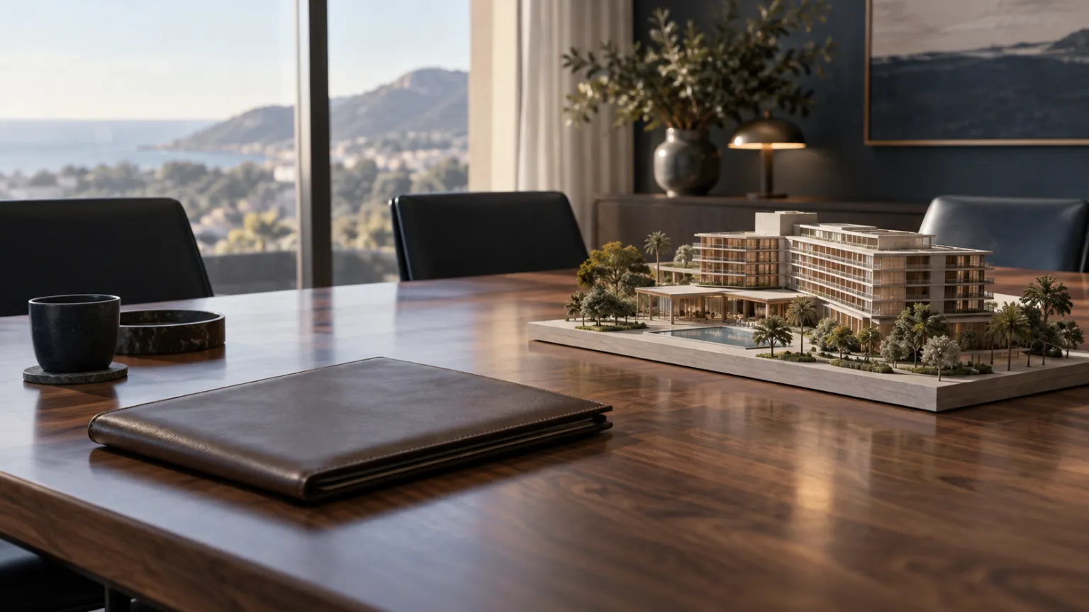 Illustration of a walnut boardroom table with a closed leather portfolio and a small architectural model of a hotel under soft window light
