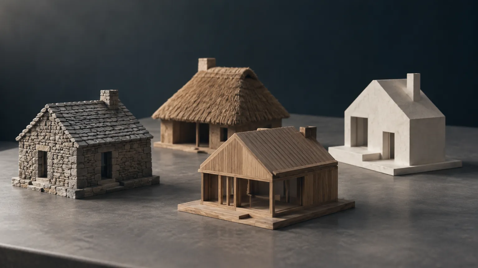 Illustration of four small architectural maquettes in stone, timber, thatch and white render arranged on a grey table under overhead light