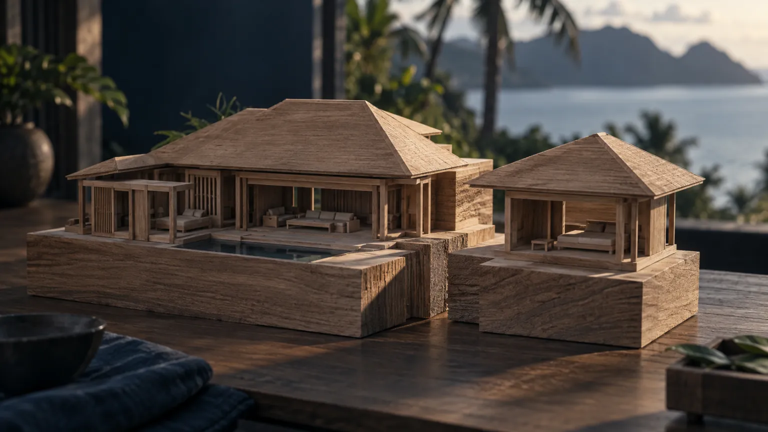 Illustration of a wooden villa model cut into separate blocks on a table, one block slightly pulled out, tropical light