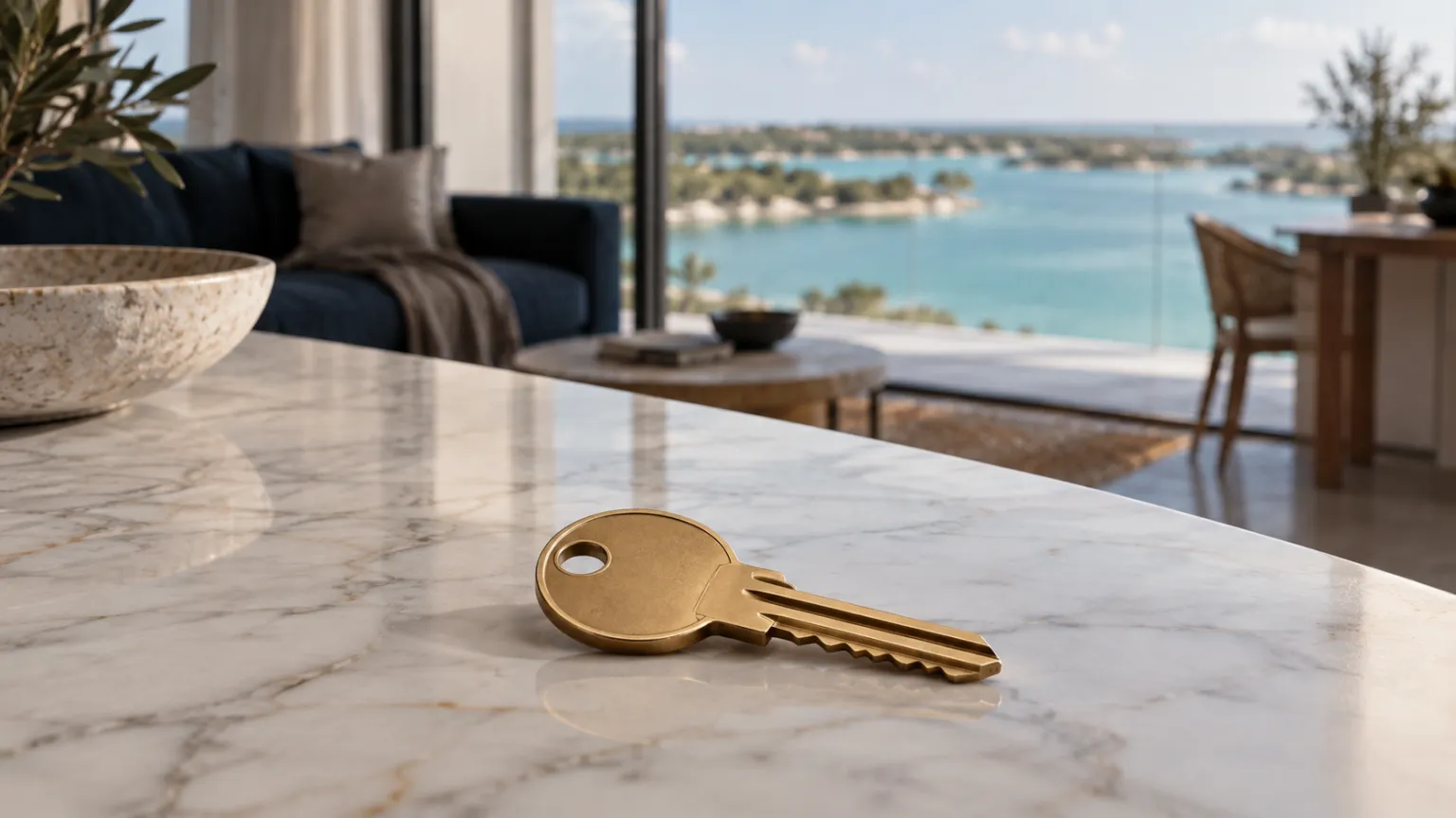Illustration of a single brass key on a white marble counter in a new apartment overlooking a turquoise lagoon