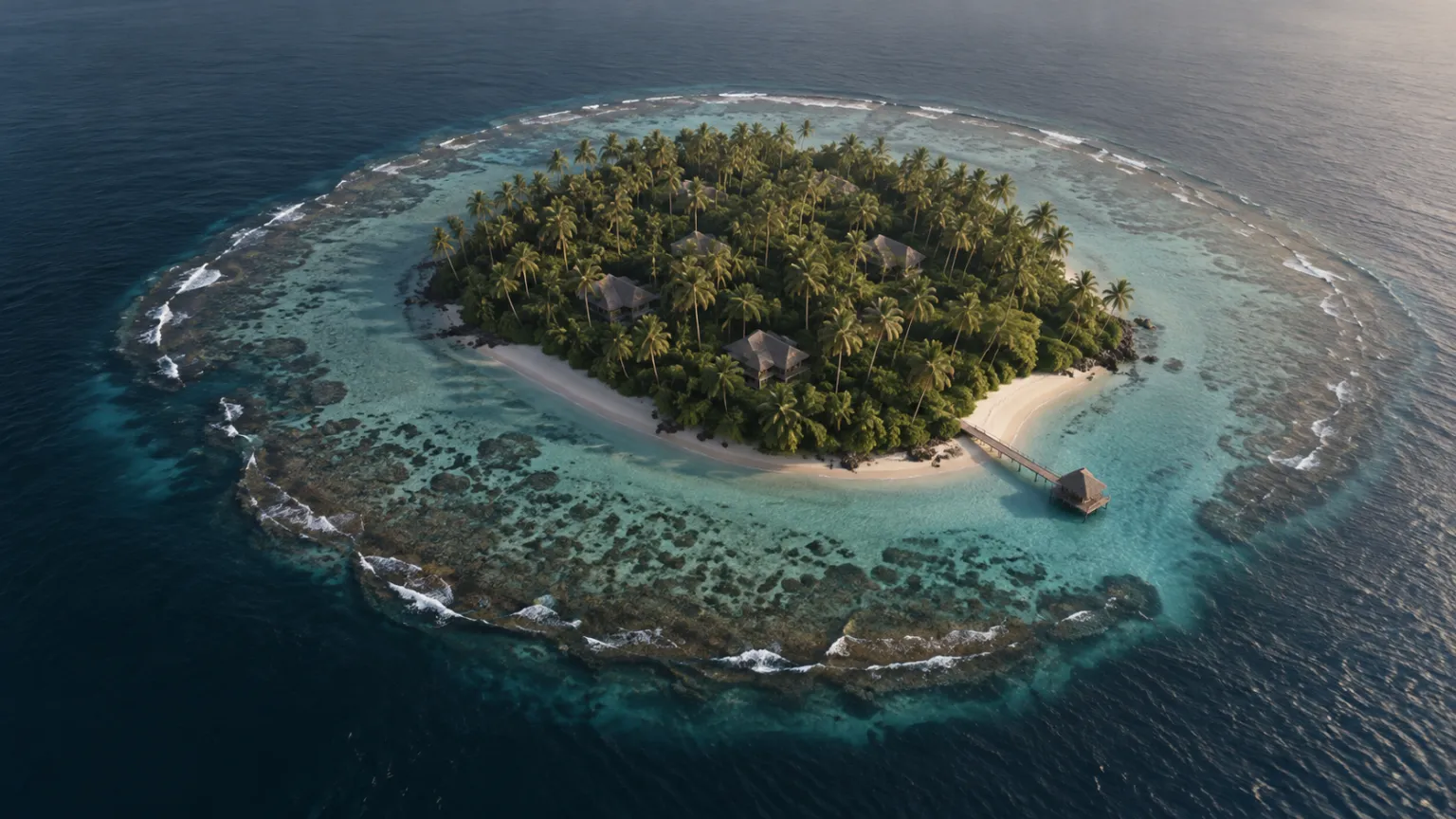 Illustration of an aerial view of a small tropical island ringed by reef, only a handful of villa roofs among coconut palms