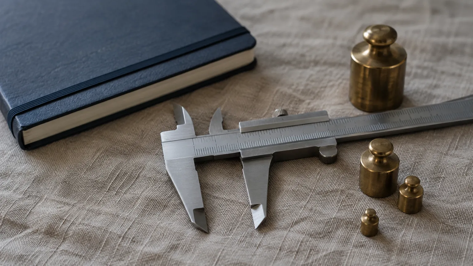Illustration of a precision caliper and a set of brass weights on plain linen beside a closed notebook, cool daylight