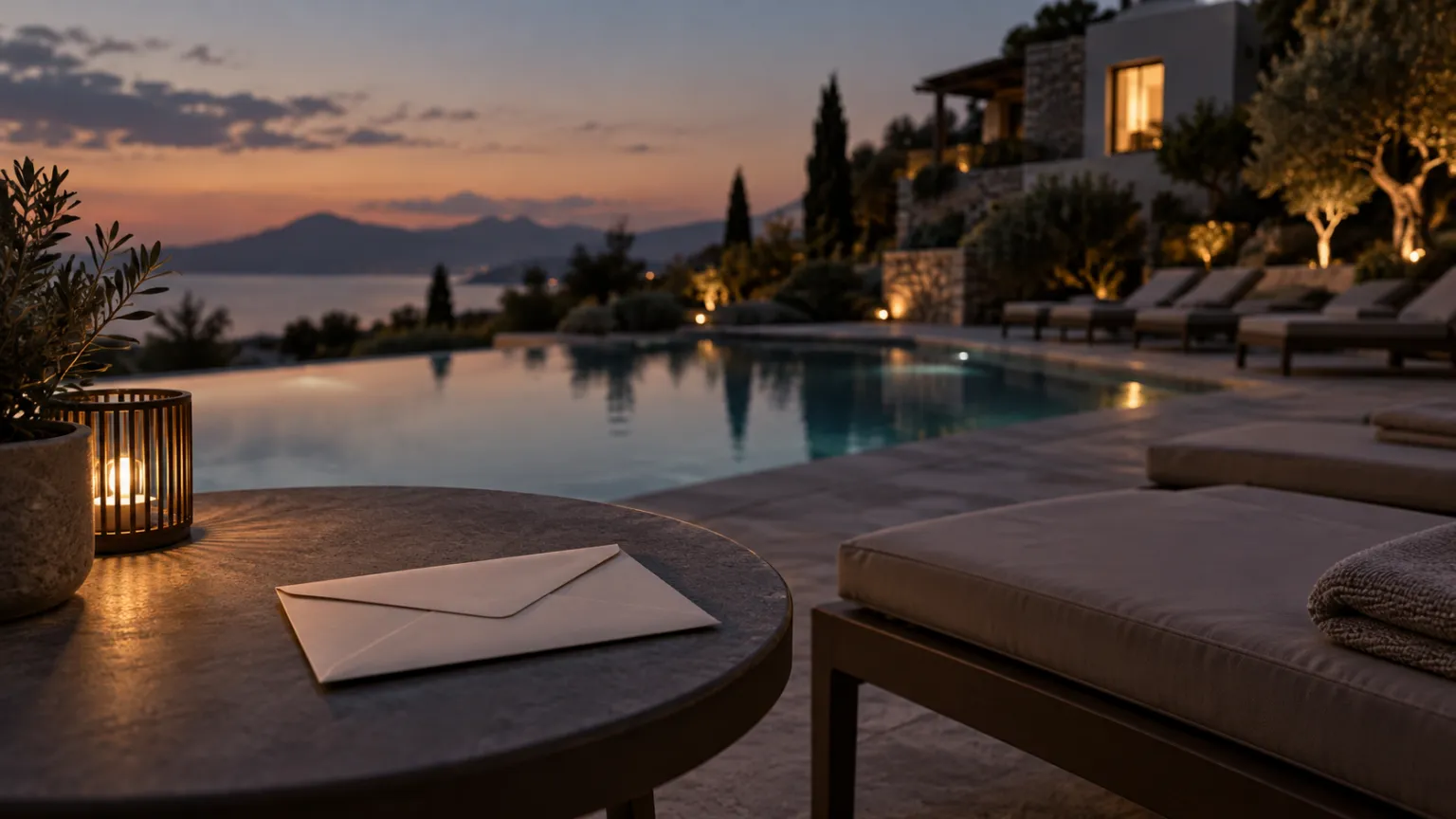 Illustration of a resort pool terrace at dusk with empty sun loungers, one lit villa window and a sealed blank envelope on a side table