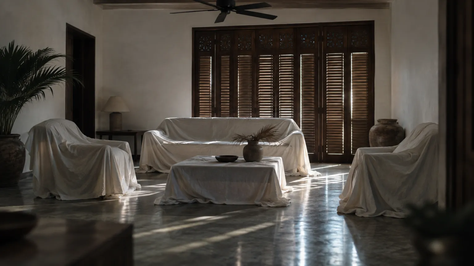 Illustration of a sofa, two armchairs and a low table under white dust sheets in a closed tropical living room, thin lines of daylight through the shutters and a ceiling fan at rest