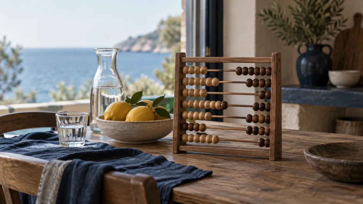 Illustration of a wooden abacus with some beads slid to one side on the kitchen table of a holiday house, a carafe of water and a bowl of lemons beside it, the sea blurred beyond the window