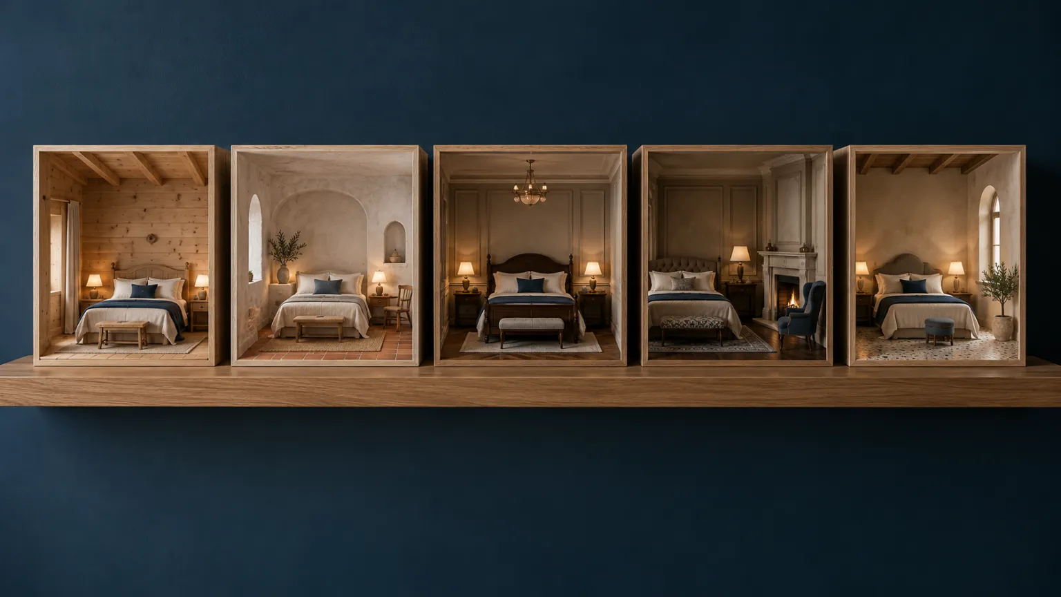 Illustration of five small open-fronted models of hotel bedrooms side by side on an oak shelf against a dark blue wall, each furnished in a different European style