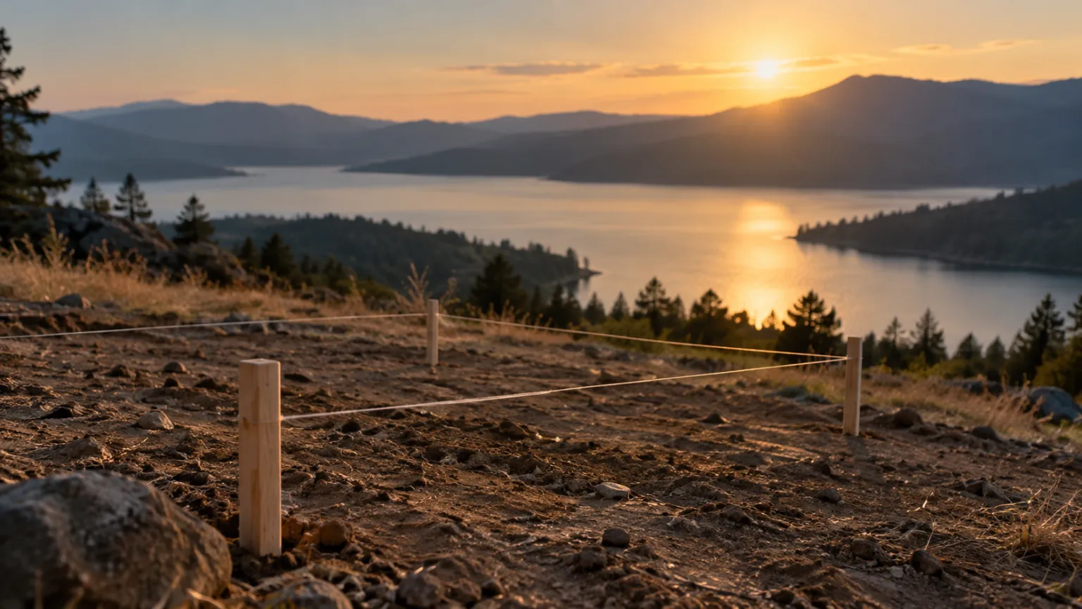 Illustration of an empty hillside plot marked with surveyor's stakes and string lines at golden hour, a lake glinting below