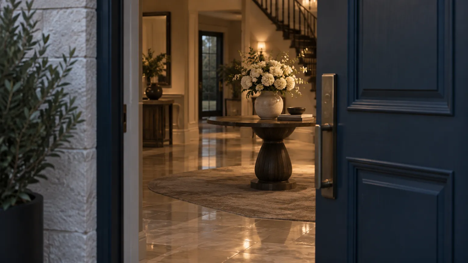 Illustration of a villa front door left ajar onto an empty, freshly staged entrance hall with a round table and a vase of white flowers in soft evening light