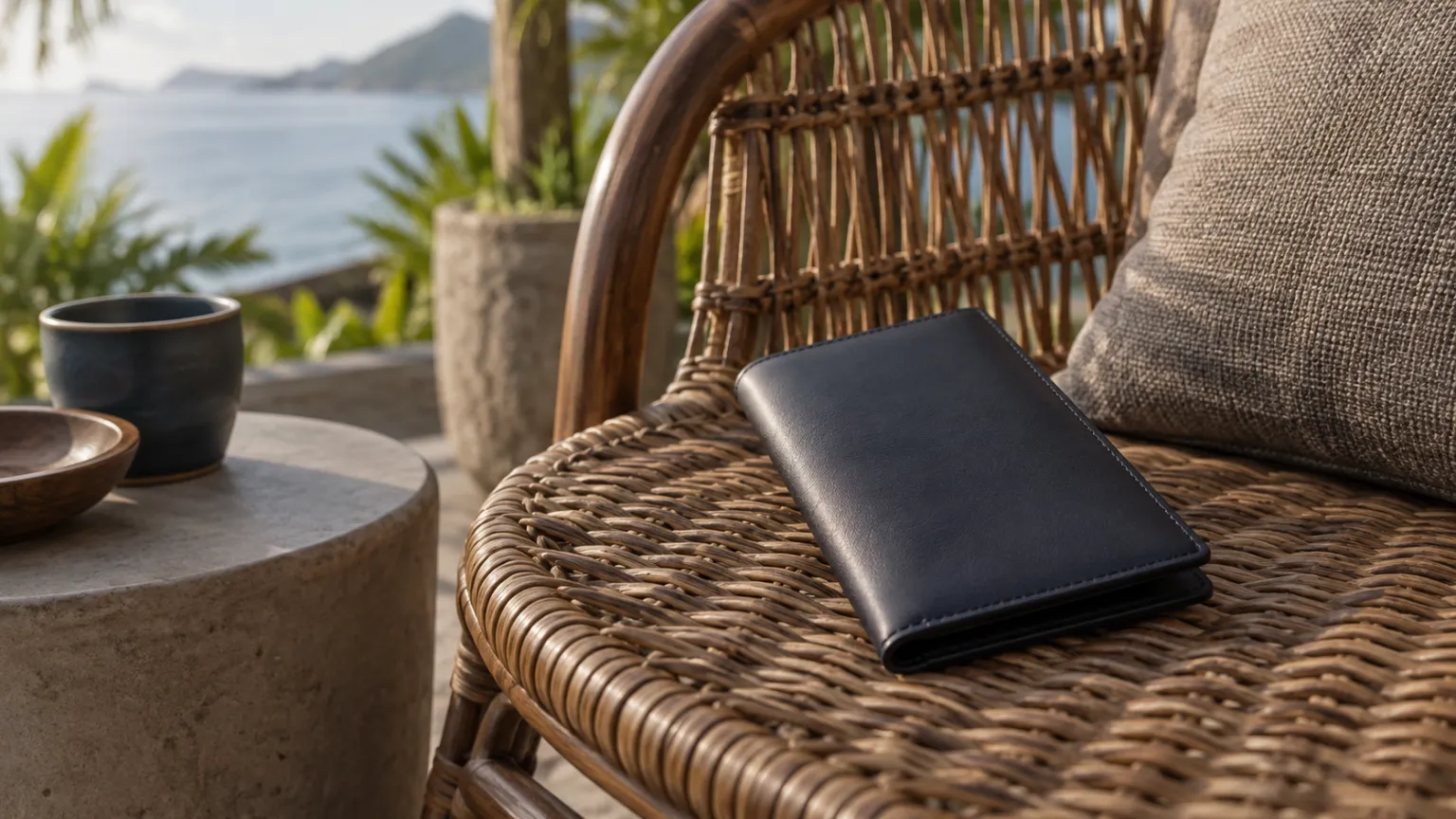 Illustrazione di un semplice portadocumenti da viaggio in pelle, senza stemmi, su una sedia di rattan in una veranda tropicale, nella luce del mattino