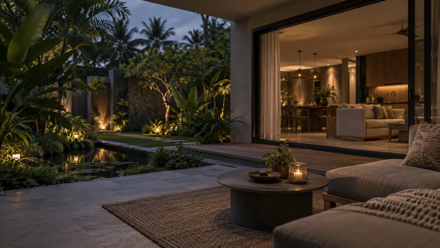 Illustration of the courtyard of a modern family home in a tropical setting, a sliding door open to the garden in the evening, nobody visible