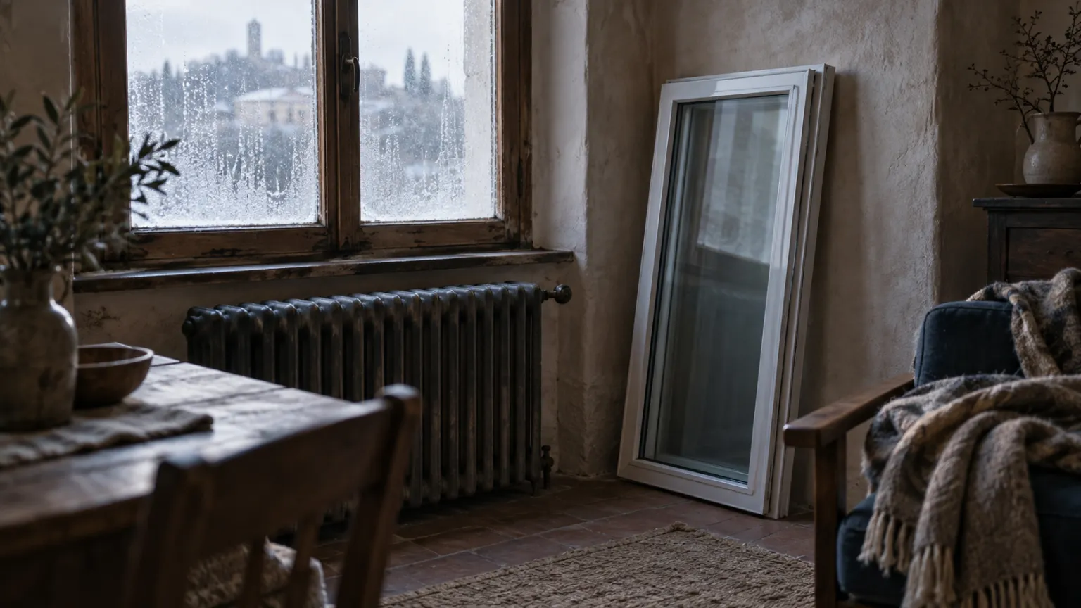 Illustration eines alten einfachverglasten Holzfensters, beschlagen von Kondenswasser, über einem gusseisernen Heizkörper; daneben lehnt ein neuer doppelverglaster Fensterrahmen an der Wand, in weichem Winterlicht