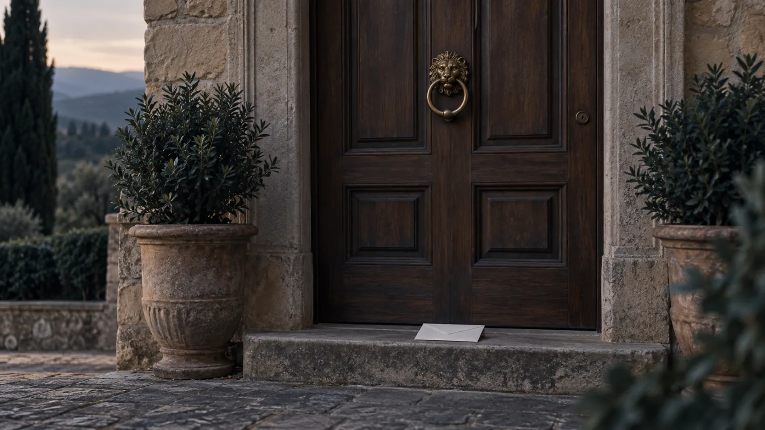 Illustration of the closed wooden front door of an Italian villa with a brass knocker and an unopened blank envelope on the doorstep