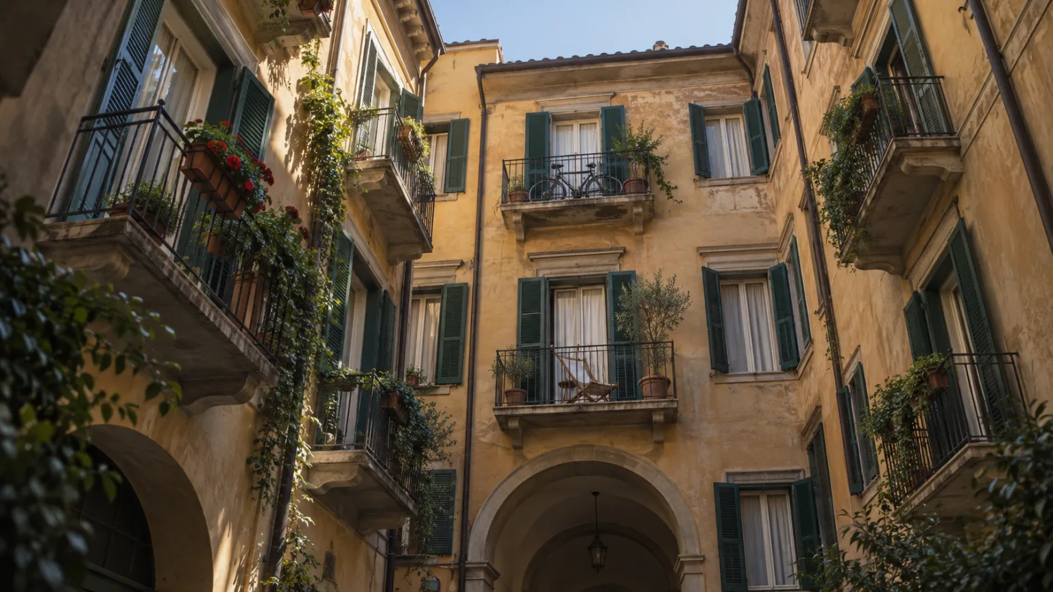 Illustration of the inner courtyard of an old ochre building with green shutters seen from below, white curtains at most windows and a few balconies with potted plants, a bicycle and a folding chair