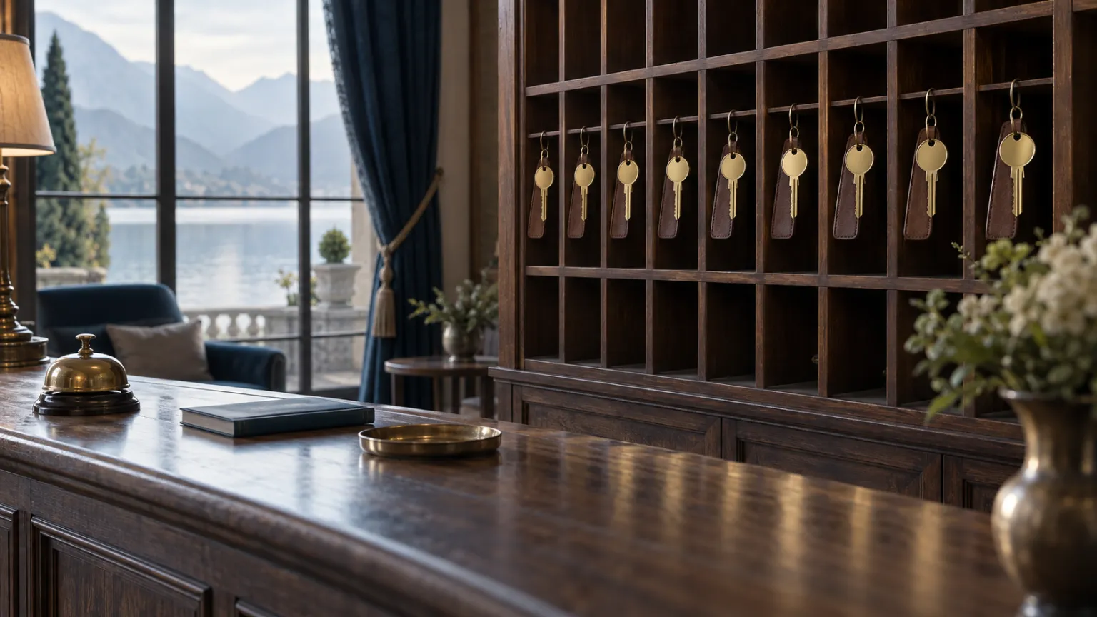 Illustration of a row of smooth brass room keys on leather fobs hanging in wooden pigeonholes behind an old hotel reception counter, a lake and mountains through the tall window