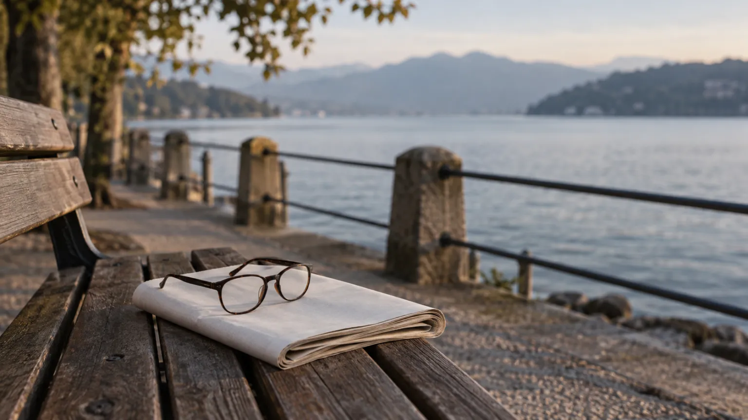 Illustration of a lakeside promenade bench with a folded newspaper without legible print and a pair of reading glasses, soft morning light
