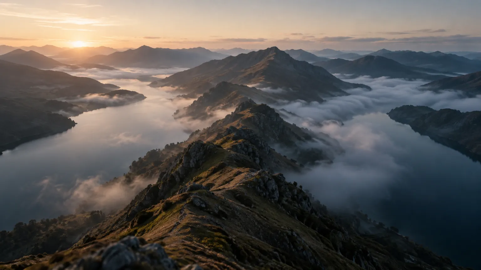 Illustration of a mountain ridge dividing two lakes seen from above at dawn, mist lying in both valleys