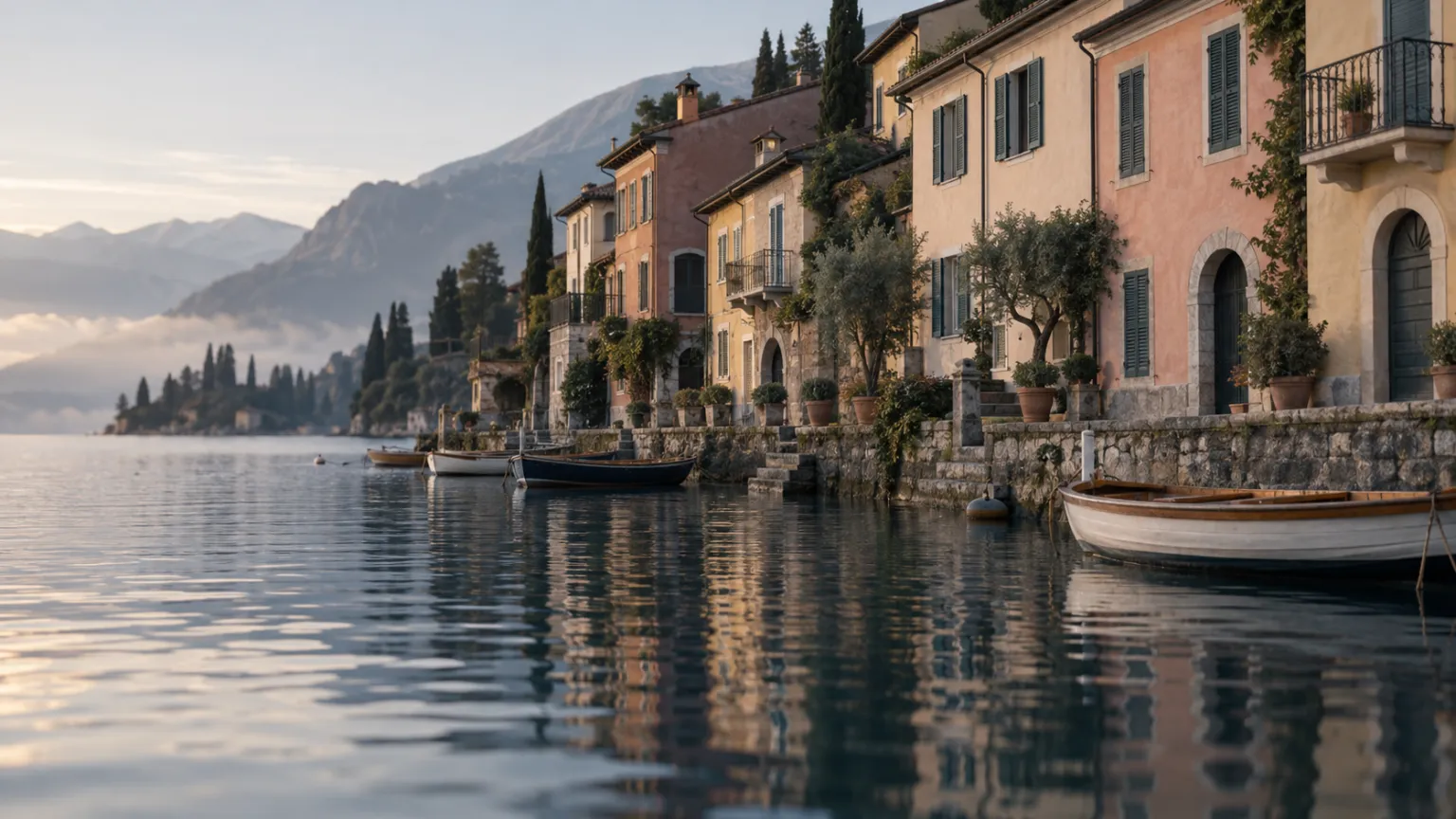 Illustration of a row of lakeside townhouses in varied pastel colours seen from the water in the morning, small wooden boats, anonymous town