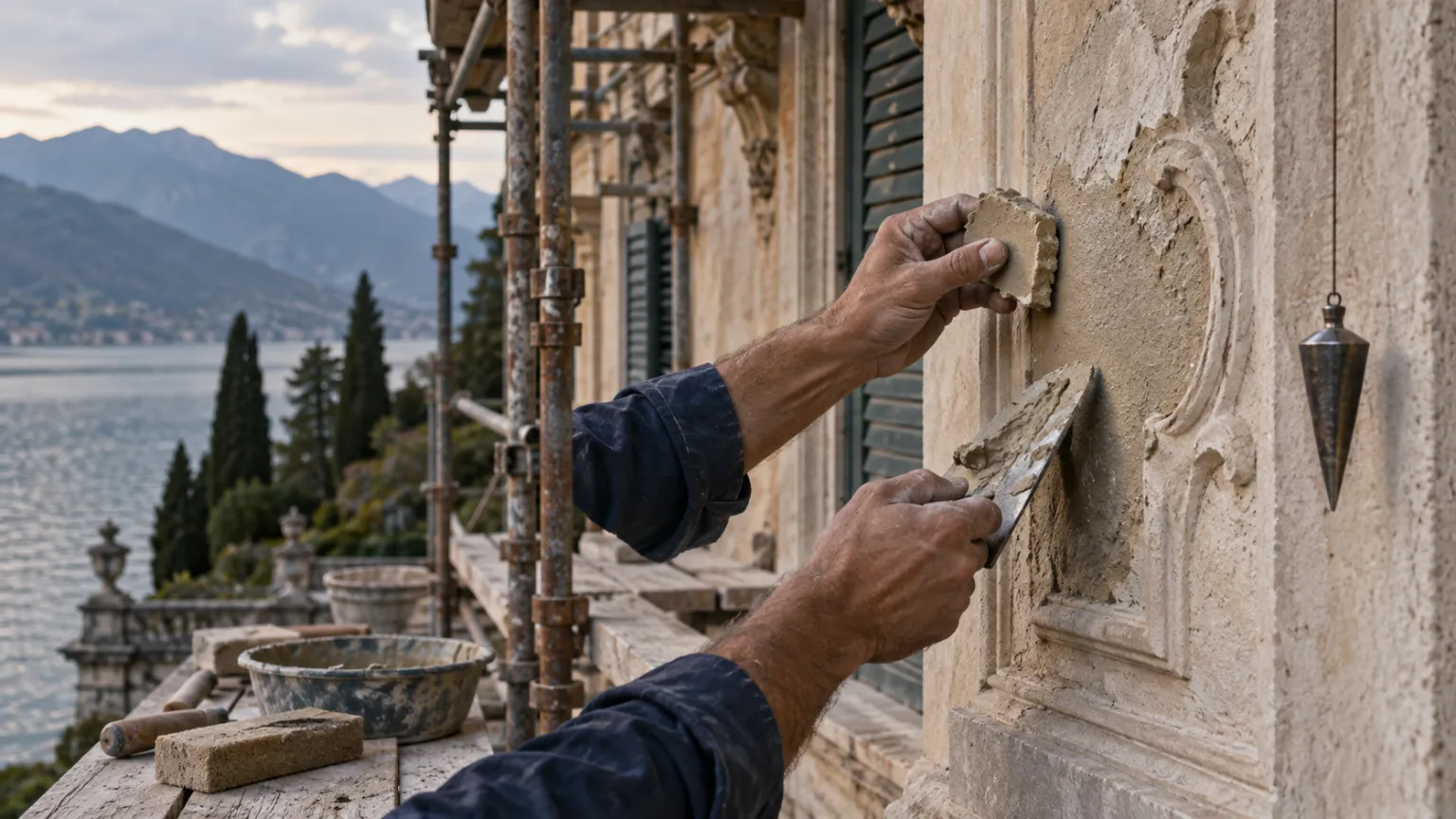 Illustration of the facade of an old lakeside villa under restoration, a craftsman's hands matching original stucco, scaffolding and a plumb line