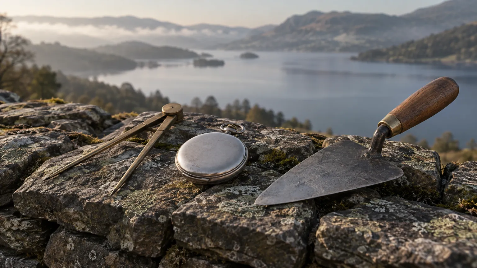 Illustration of brass dividers, a closed silver pocket watch and a mason's trowel on a lichen-covered dry stone wall above a lake in early morning light