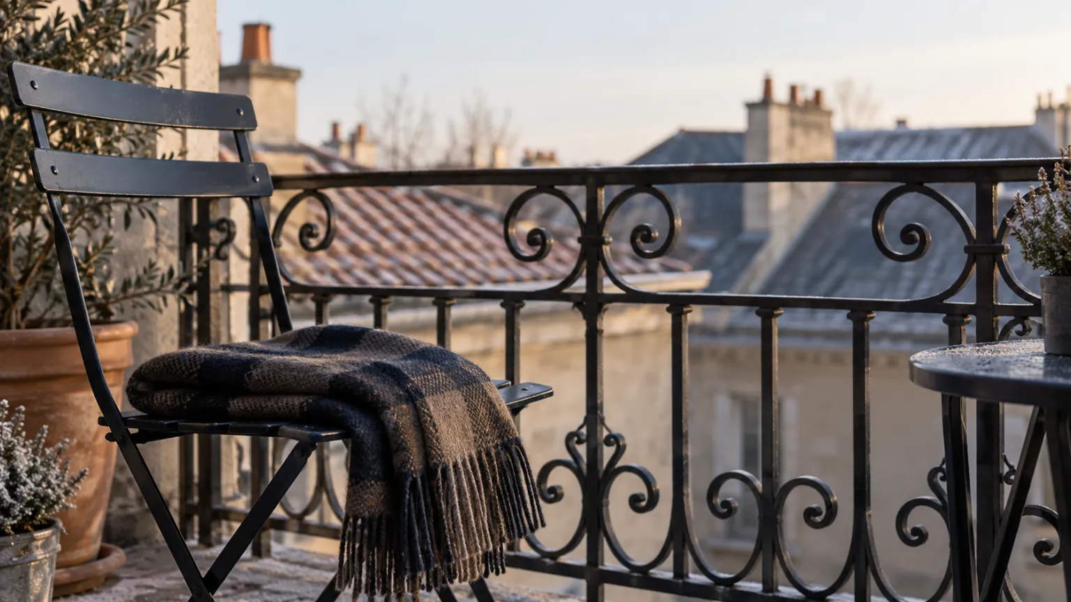 Illustration of a city apartment balcony with a wrought-iron railing above anonymous rooftops on a clear winter morning, a folded scarf on a chair