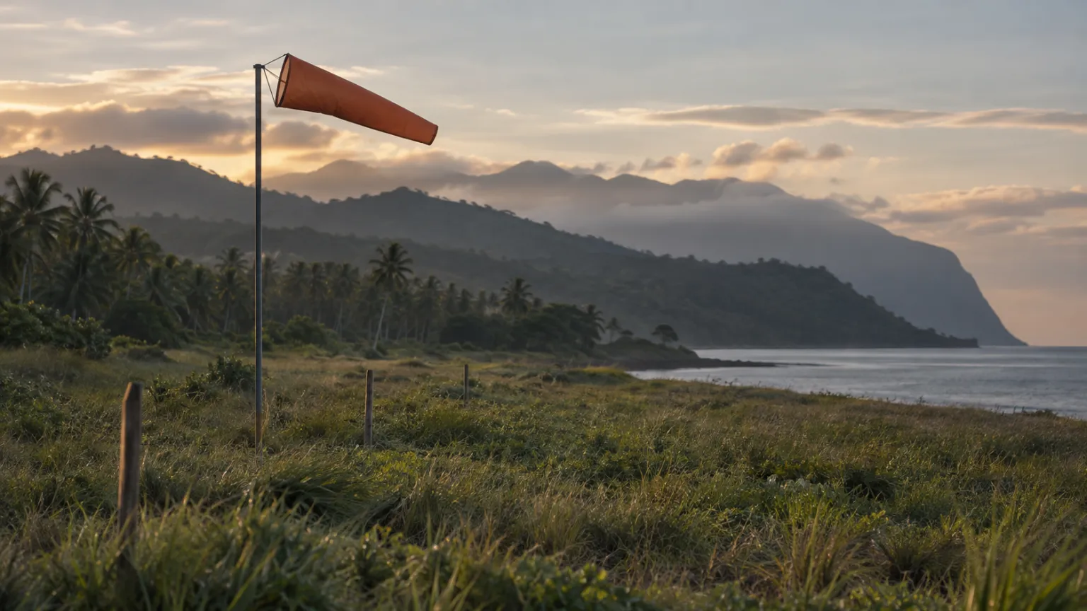 Illustration of a cleared, overgrown strip of coastal land at dawn with a lone windsock on a pole and weathered survey stakes, palm groves and hazy hills beyond