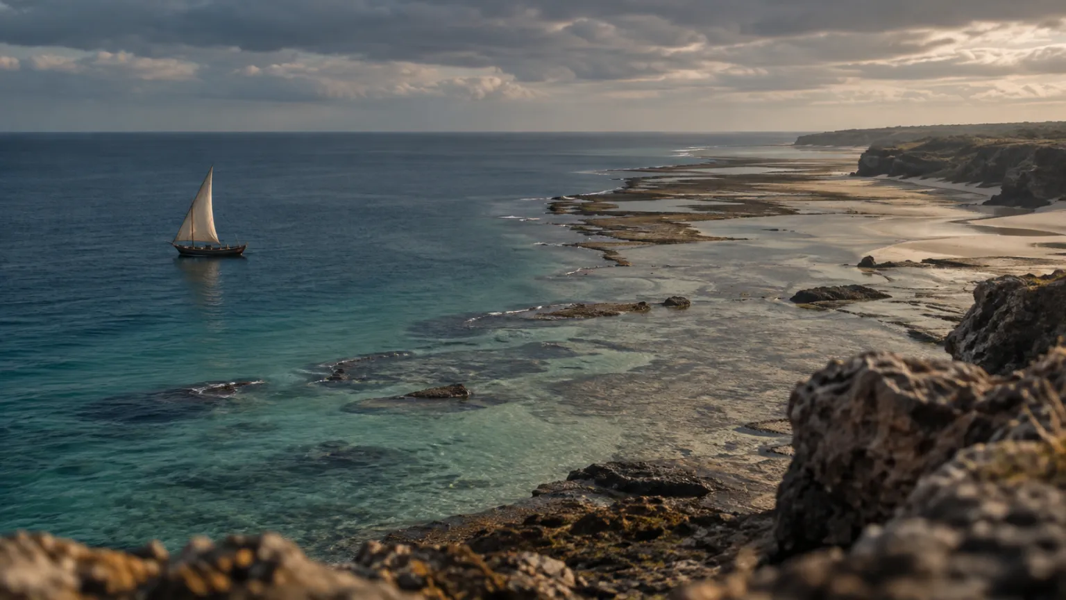 Illustration of a deep-water beach at low tide on a northern cape, turquoise water close to shore while reef flats lie exposed further along, a dhow
