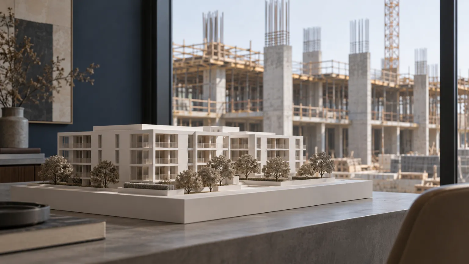 Illustration of a white architectural scale model of a low-rise residential block on a plinth, with a real building site of bare concrete columns and rebar seen through the window behind
