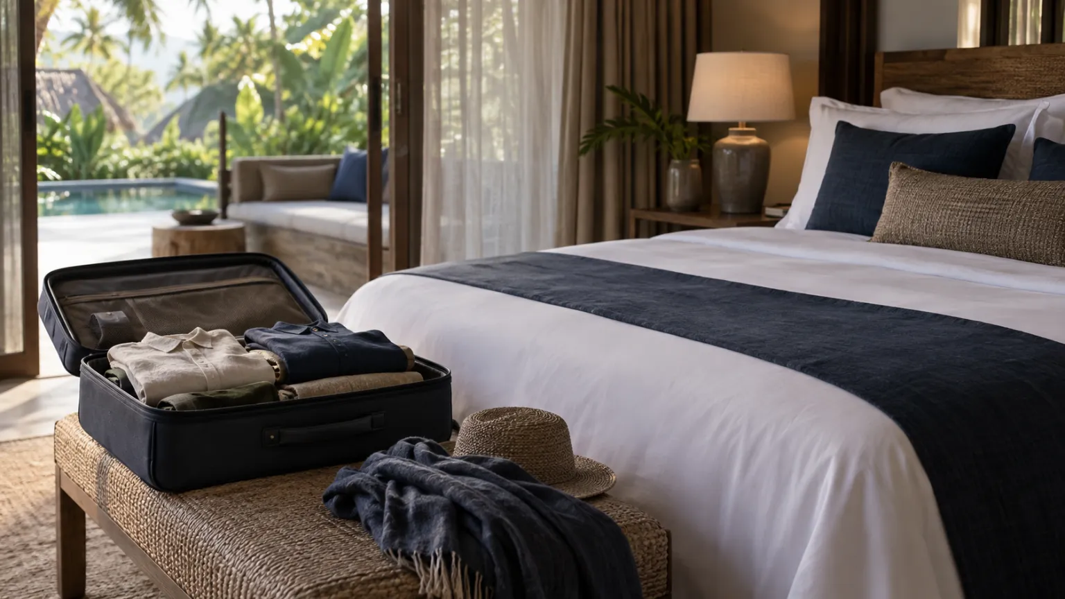 Illustrazione di una camera da letto di una villa con una valigia disfatta a metà da un lato e la biancheria appena rifatta in stile hotel dall'altro, nella morbida luce tropicale