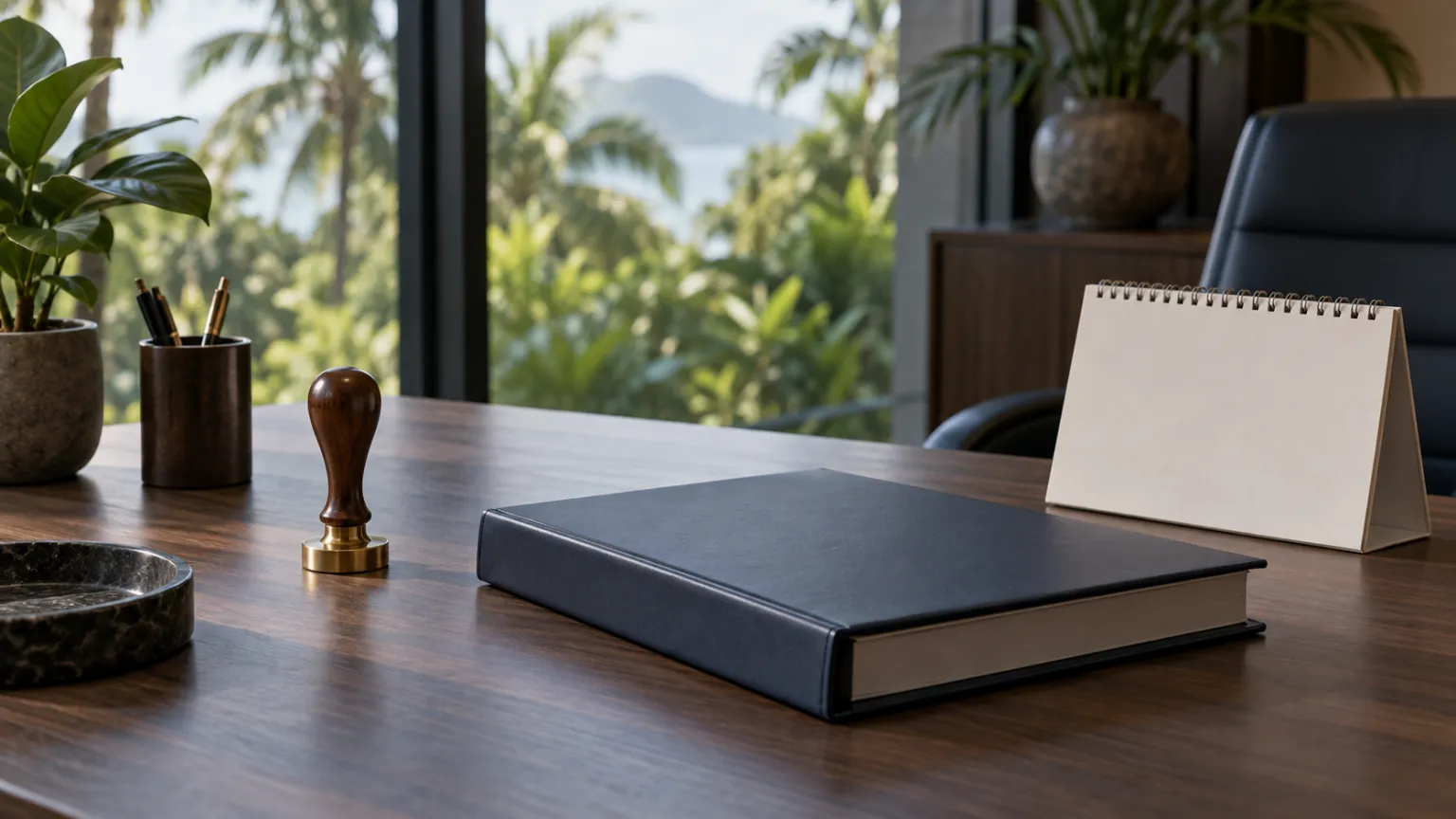 Illustration of a desk in a tropical office with a company seal stamp, a closed binder and a desk calendar with blank pages