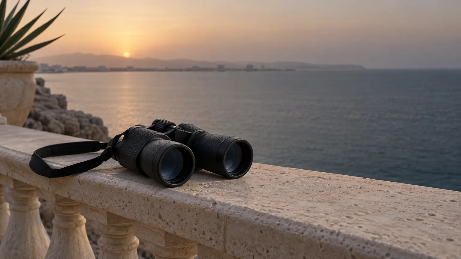Illustration eines Fernglases, das auf einer hellen Steinbalustrade ruht und auf ein ruhiges, dunstiges Meer in der Morgendämmerung blickt, dahinter eine flache Küstenlinie mit fernen Gebäuden
