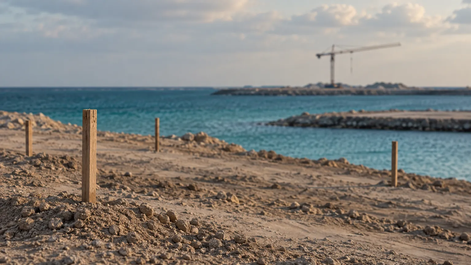 Illustration of an unbuilt reclaimed island plot with survey stakes and a single crane on the horizon over turquoise water