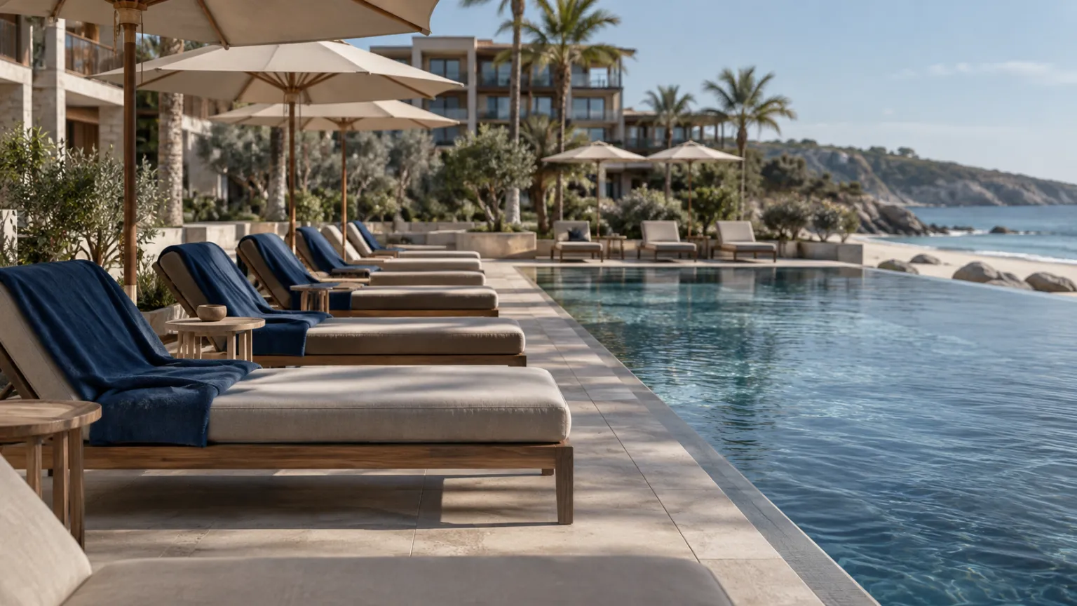Illustrazione del bordo piscina di un resort sulla spiaggia a mezzogiorno, con metà dei lettini occupati da asciugamani e metà vuoti, e moderne torri basse sullo sfondo