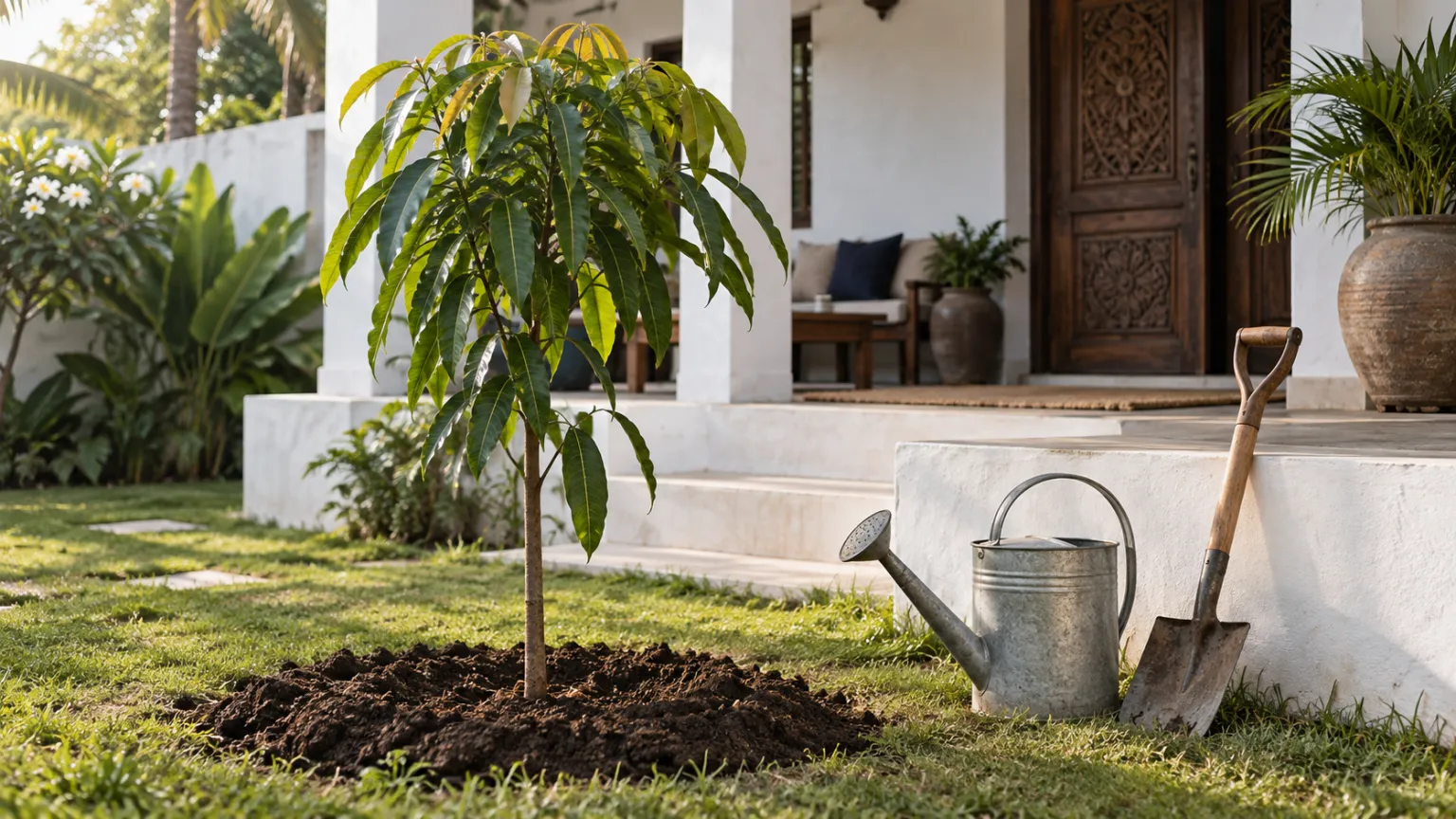 Illustration of a young tree just planted in the walled garden of a whitewashed house, fresh soil at its base, a watering can and a spade beside it and a veranda with a carved wooden door behind