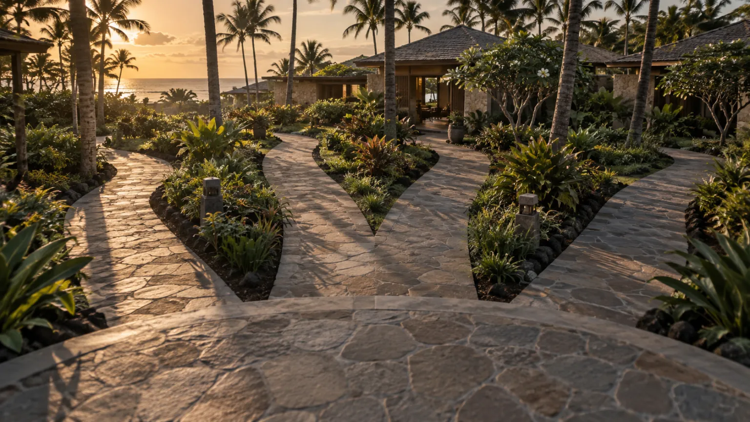 Illustration of four stone paths fanning out from a single paved terrace towards the low pavilions of a resort among palm trees, the sun setting over the sea