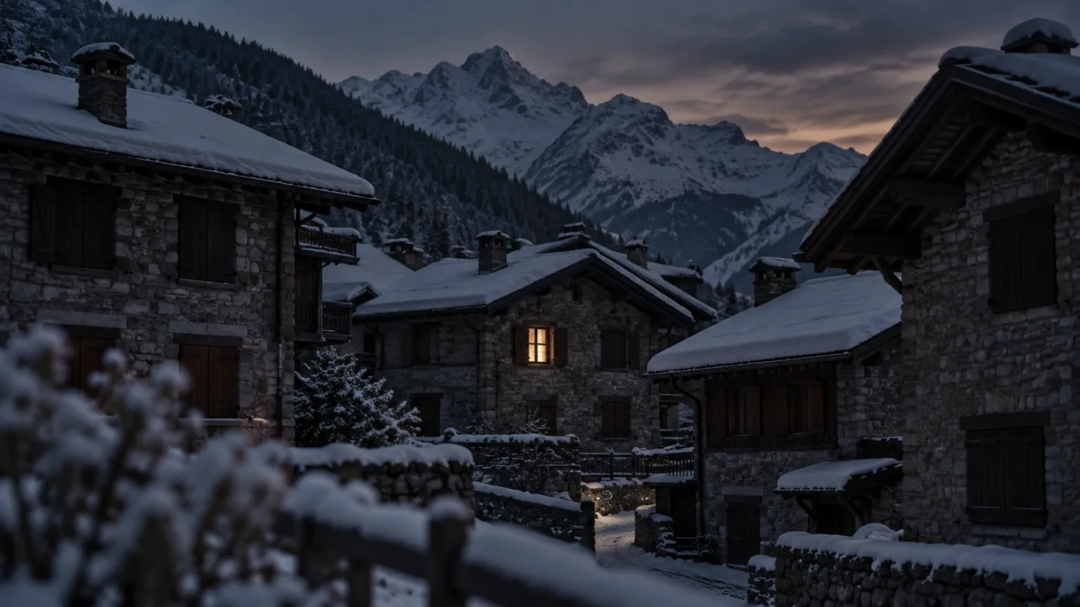 Illustration of an alpine village of shuttered second homes in winter at dusk, snow on the roofs and a single lit window