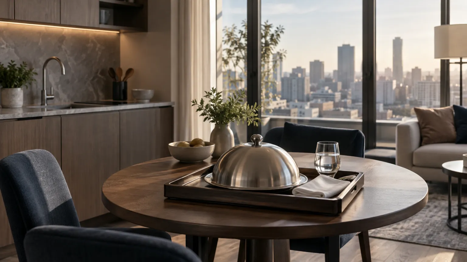 Illustration of a serviced apartment with a small fitted kitchen and a room-service tray with a brushed steel cloche, a napkin and a glass of water on the round dining table, a city view through tall windows